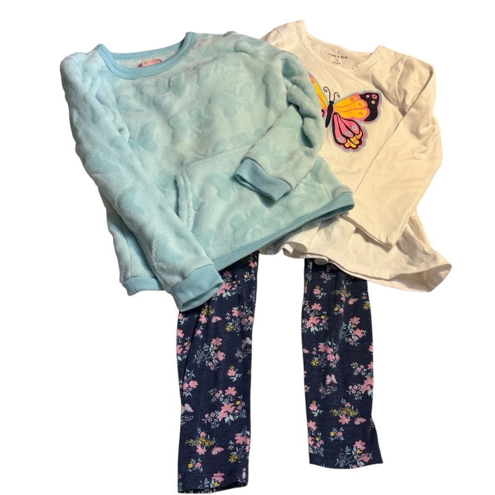 BCBG Girls Outfit Size 4T Girls Pants 2 Tops Butterfly Floral Aqua, White, Navy - Picture 2 of 10